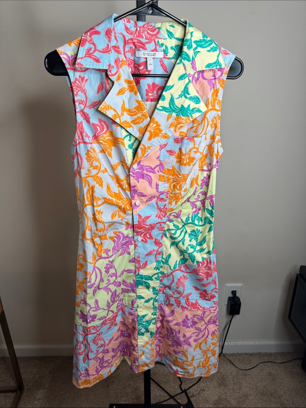 Derek Lam Sleeveless Patchwork Floral Dress in Blue and Yellow